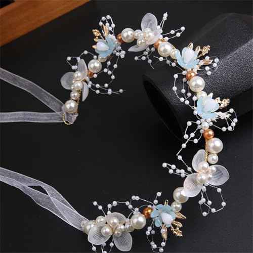 2 Pcs Flower Girl Headpiece - Hair Accessories for Wedding Flower Girl Headband Flower Crown Floral Girls Tiara Rhinestone Pearl Headband Baby Toddler First Communion Prom (Blue, 13 inches)