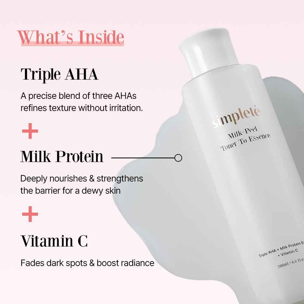 Simpleté Milkpeel Toner to Essence – Gentle Daily Exfoliating, Hydrating Toner for Smooth, Radiant Skin, Strengthens Moisture Barrier, Perfect for Sensitive Skin, Balanced, Healthy Glow, 200ml