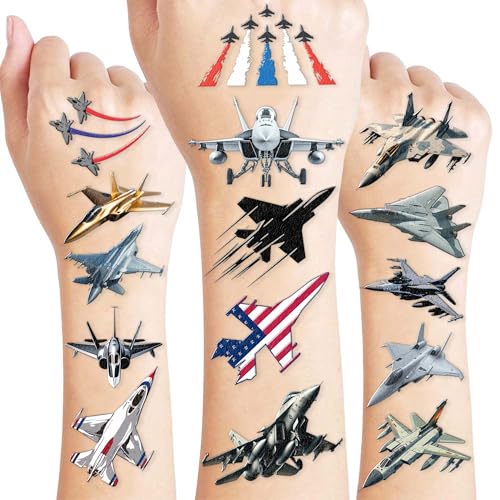 Jet Temporary Tattoos Stickers for Kids Boys Girls ? 96PCS Fighter Jet & Airplane USA Designs ? Birthday Party Favors, Supplies, Decorations, Military Pilot Themed Birthday Gifts Prizes Rewards