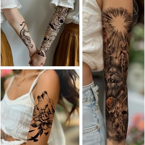 Christmas 6 Sheets Full Arm and 8 Sheets Half Arm Temporary Tattoos for Men Adults, Flower Temp Tattoos Sleeve For Women, Waterproof Body Arm Chest Shoulder Floral Fake Tattoo Stickers