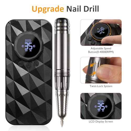 Sunvivi 40000RPM Electric Nail Drill, Rechargeable Nail File Set for Acrylic Nails Gel Polishing, Professional Nail E File Manicure Pedicure Tools with Nail Drill Bits for Home Salon Use