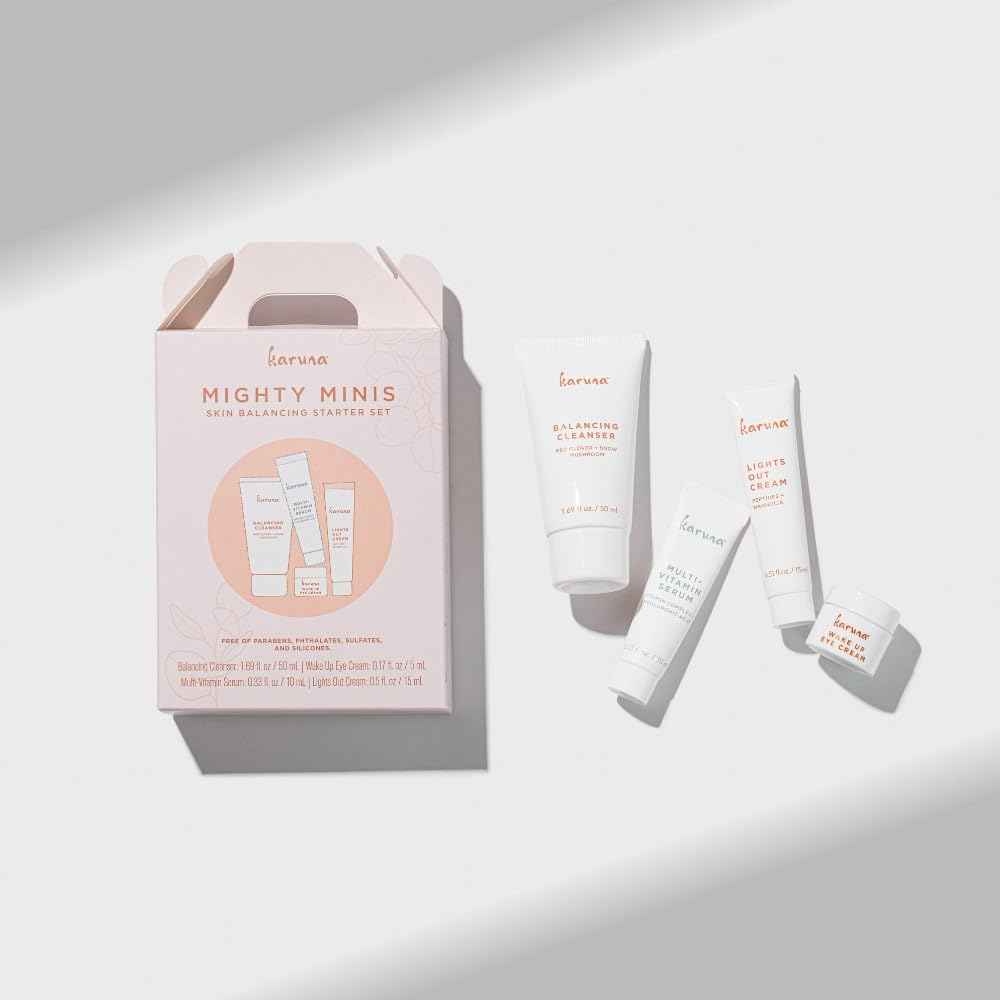 Karuna Mighty Minis, Skin Balancing Starter Set | Includes: Balancing Cleanser 1.69oz/50ml, Wake Up Eye Cream 0.17oz/5ml, Multi-Vitamin Serum 0.33oz/10ml & Lights Out Cream 0.5oz/15ml