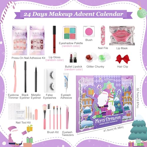 Makeup Advent Calendar 2026 For Teen Girls, Afflano Beauty Advent Calendar 24 Day, Eyeshadow Nail Lipstick Eyeliner Makeup Sets Christmas Gifts For Girls 12-18 Years, Xmas Surprises Gifts For Women