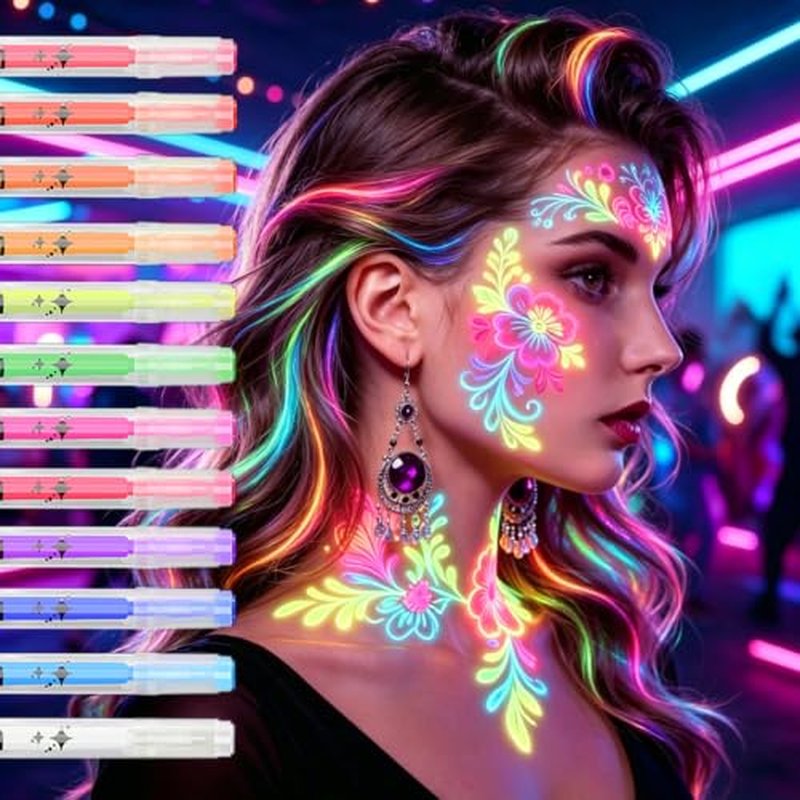 12 Glow Face Paint Pens - UV Neon Body Art Kit, Washable