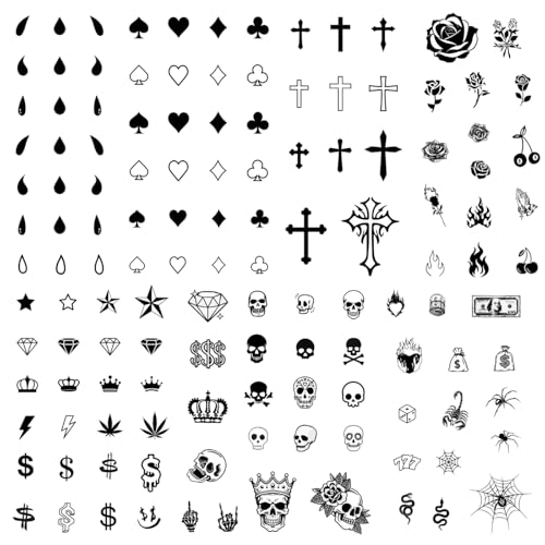 Los Vatos Finger and Face Temporary Tattoos - Chicano Cholo Chola Finger Tattoos For Men and Women. Small Cross, teardrop, Gangsta Tears, Thug Prison Fake Tattoos for Halloween, Tatuajes Temporales