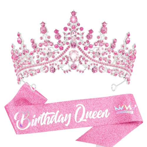 Pink Queen Tiara Crown with Sash for Women Girls Birthday Party Accessories