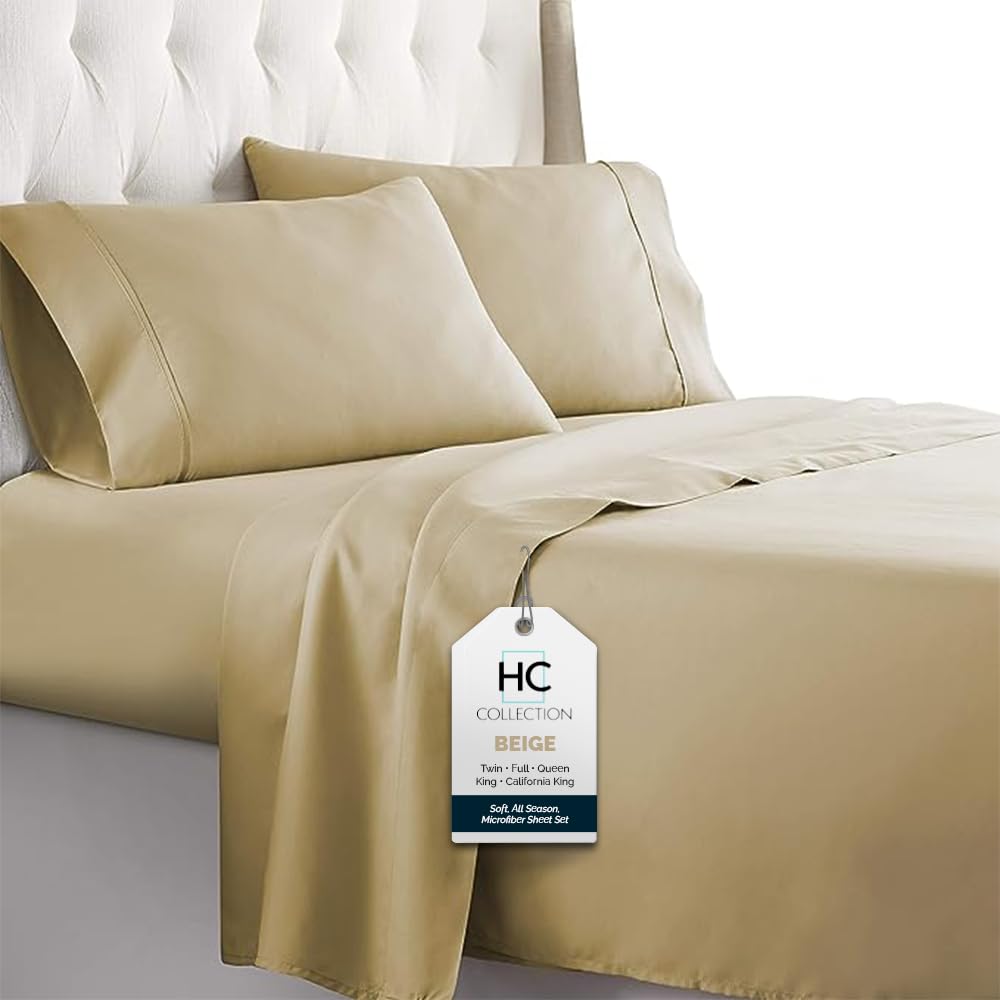 Full Size Bed Sheets, 4 pc Bed Sheets & Pillowcases Set - Machine Washable for Easy Care - Soft & Breathable All Season Microfiber Sheets with Deep Pockets - Beige