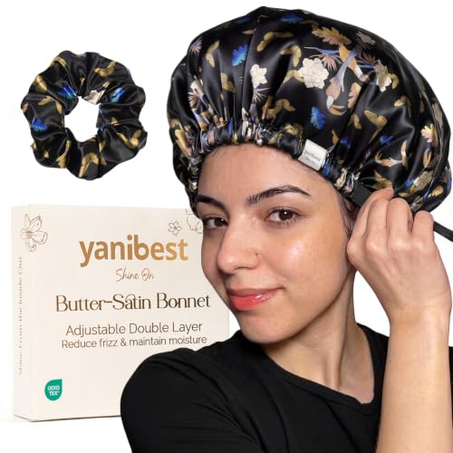 YANIBEST Adjustable Satin Hair Bonnet with No Damage Scrunchie
