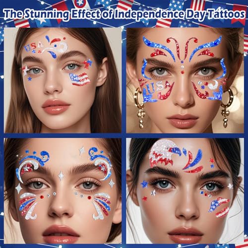 Yosca 6Pc Red White Blue Glitter Temporary Tattoos 4th July