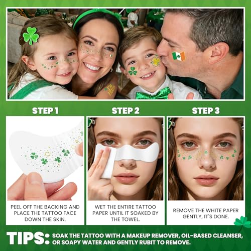 St Patricks Day Temporary Tattoos, 40 Pcs Glitter Shamrock Face Stickers