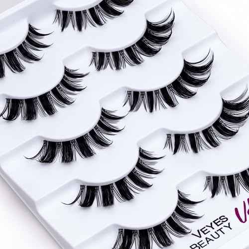 VEYESBEAUTY False Eyelashes Wispy Lashes Lightweight Natural Look Fluffy Faux Mink Thin & Invisible Band Manga Lashes, Comfortable and Reusable, 5 Pairs