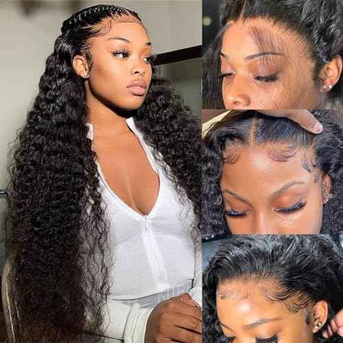 Deep Wave Lace Front Wigs Human Hair 13x4 HD Transparent Lace Frontal Glueless Wigs for Women, Natural Black, 16 inch