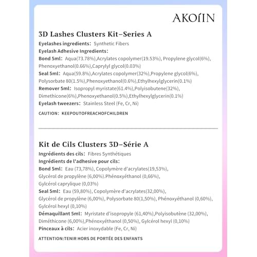 AKOIIN D-Curl Lash Clusters Kit, 480pcs Cluster Eyelash Extensions with Bottom Lashes, 3D Wispy Natural Eyelashes, (30D 40D 80D Mixed, 10-18mm), Includes Bond, Seal, Remover & Tweezer for Beginners