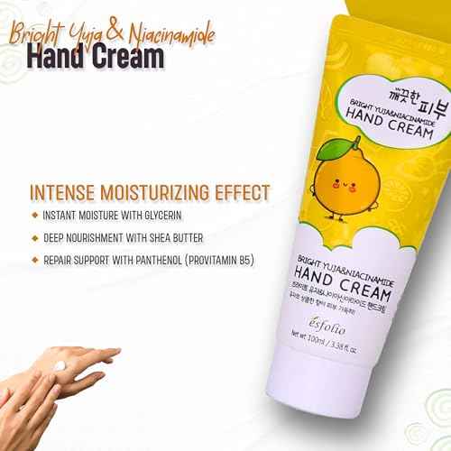 esfolio Yuja Vitamin C Hand Cream ? Deep Hydration with Yuja Extract ? Nourishing, Fast-Absorbing Hand Moisturizer for Dry, Rough Skin ? Korean Skincare for Soft & Smooth Hands (3.38 OZ/100ML)
