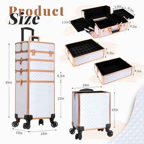 AROUS Rolling Makeup Train Case 4 in 1 Cosmetology Case on Wheels Large Storage Cosmetic Trolley with Key Salon Barber Case Traveling Cart Trunk,White
