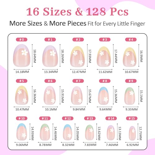 Kids Press On Nails 128 Pcs Almond Flower Design Girls