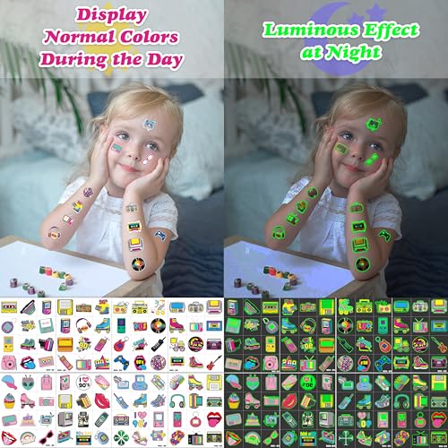 96 PCS Back to the 90s 80s Pre-Cut Luminous Temporary Tattoos for Kids Theme Birthday Party Decorations Supplies Favors Decor Super Cute Retro Stickers Tattoo Gifs for Boys Girls Rewards Carnival