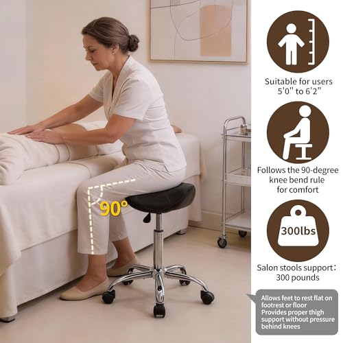 Saddle Stool, Swivel Saddle Stools with Wheels, Adjustable Rolling Stool 18"-26", Faux Leather Rolling Saddle Stool for Salon, Massage, Clinic, Lab, Office (Black, 1PCS (18"-26"))
