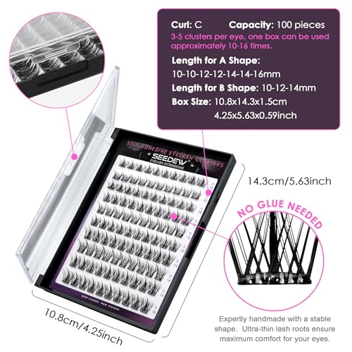Lash Clusters, 100 Pieces DIY Eyelash Extensions, Individual Cluster Lashes, Super Thin Band, No Glue Needed Resuable Soft Natural Self Adhesive Lashes at Home(ABA-C Curl-MIX10-16mm-Black)