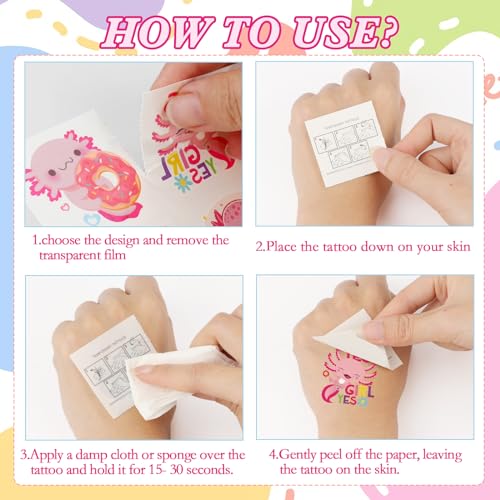 Konsait 96PCS Axolotl Tattoos for Kids, Pre-cut Axolotl Theme Temporary Tattoos, Axolotl Birthday Decorations Party Favors, Kids Axolotl Gifts & Reward, 48 Designs
