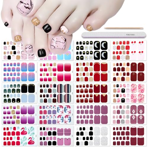 DANNEASY 20 Sheets Toe Nail Polish Stickers Full Nail Wraps for Women Self Adhesive Nail Polish Strips for Toes Gel Nail Strips Toenail Manicure Sticker with Nail File, Cuticle Stick