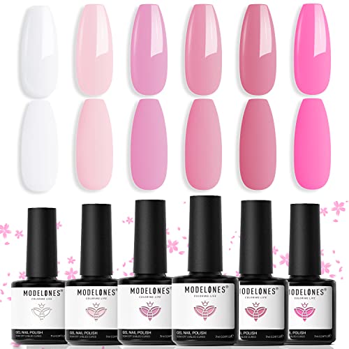 modelones Pink Gel Nail Polish Set, 6 Colors Light Soft Pink White Nude Pink Soak Off Summer Nail Art Gel Design Manicure Kit Salon DIY Home Gift for Women Girlfriend Girl