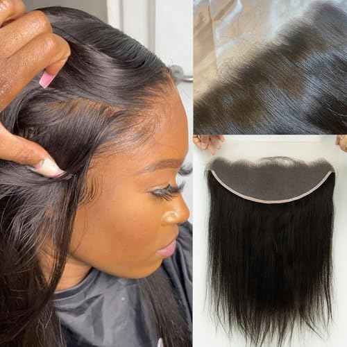 13x4 Lace Frontal, 0.12mm Ultra-Thin Transparent Swiss HD Lace Pre Plucked with Baby Hair Silk Soft Straight 12A Brazilian Virgin Human Hair Frontal Closure Free Part Single Knots 12 Inch