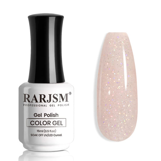 RARJSM Nude Glitter Gel Polish Gray Pink Sparkle Holographic Rainbow Iridescent Shimmer Gel Nail Polish Neutral Light Pink Sheer Jelly Transparent Single Bottle Soak off UV LED Cured for Home Salon