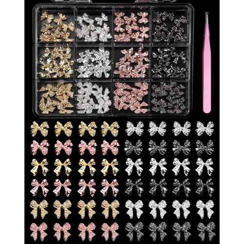 120 Pcs Alloy Bow Nail Charms and Gems, Silver Gold Black Bowknot Metal Nail Art Charms, Shiny Luxury Cute Bow Nail Jewelry for Nails Design Manicure Accessories