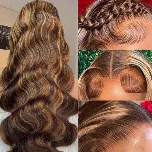 SFD 13x6 Ombre Lace Front Wig Human Hair 220% Density Blond Highlighted Wig Human Hair pre plucked Brown Highlighted Wigs Body Wave 4/27 Highlight Lace Front Wigs 28inch
