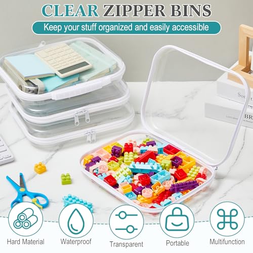 Sanwuta 4 Pcs Clear Hard Zipper Case with Handle Office Storage Cases Hard Plastic Pouches Transparent Bins for Crafts, Snacks, Cosmetics, Puzzles(9.8 x 7.9 x 2 Inches,White)
