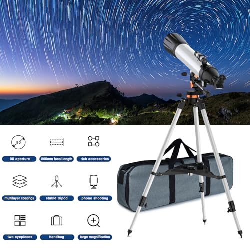 Telescope 90mm Aperture 800mm Telescope for Adults with High Powered, Refractor Telescopes for Kids & Beginners, Multi-Coated High Transmission AZ Mount Portable Telescope includes Carry Bag