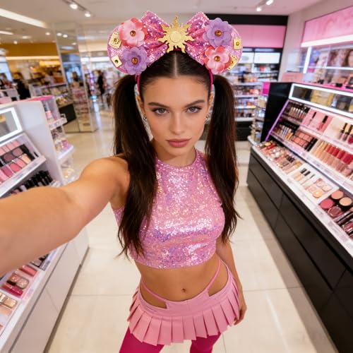 bianbaistar Pink Sun Flower Mouse Ears Headband with Sequin Bow – Stretchy Adult Headband