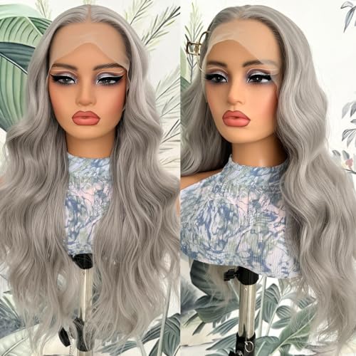 Lovestory 13X4 Silver Gray Long Wavy Synthetic Lace Front Wig For Women Free Part Loose Curly Grey Lace Front Wigs Glueless Heat Resistant