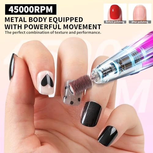 Cordless Nail Drill 45000 RPM - Rechargeable Electric Nail File Kit for Manicure & Pedicure