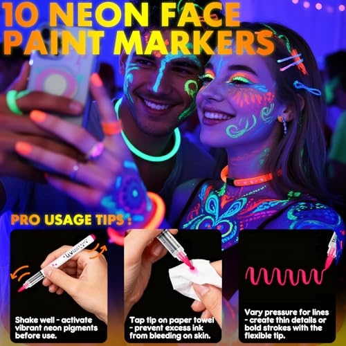 Glow in Dark Face Paint Markers - 10 UV Neon Colors
