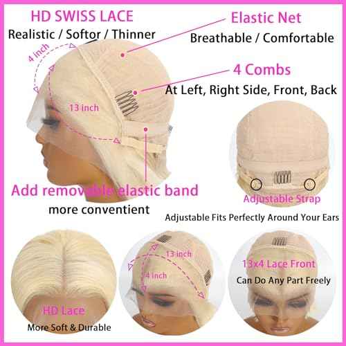 613 Blonde Short Bob Wig Human Hair 13x4 HD Transparent Lace Front Wigs Human Hair Pre Plucked with Baby Hair Glueless Wigs Human Hair 180% Density Straight 613 Bob Wigs for Women 8 Inch