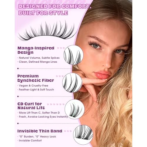 Bunny Lash Clusters Wipsy Lashes Manga Eyelash Clusters, 8-18MM C Curl Anime Eyelashes Cluster Natural Fairy Eyelash Extensions DIY Invisible Clear Band Individual Eye Lashes