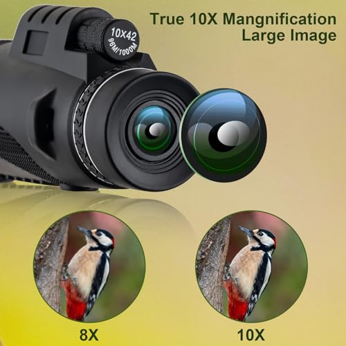 BOOMIBOO 10X42 Monoculars for Adults High Powered, FMC Multi-Layer Coated Lenses & BAK4 Prism with Smartphone Holder & Tripod, Compact Telescope for Camping Hiking Bird Watching