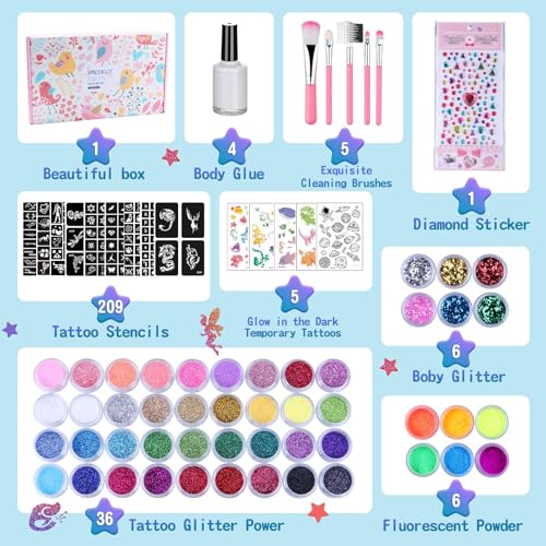 Temporary Glitter Tattoo Kit for Kids & Adults, LCDGTJ 42 Glitter & 6 Fluorescent Color, 209 Stencils, 4 Glue, 5 Brushes, 1 Diamond Sticker, Safe & Easy Removal Face Body Art Birthday Party Supplies