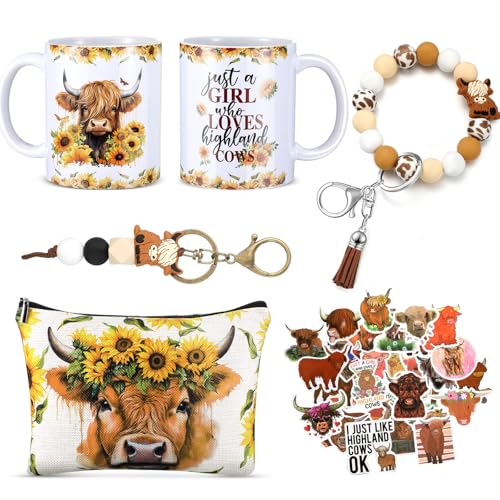 Graduation Highland Cow Gifts Set Include Highland Cow Makeup Bag Stickers Cute Sunflower Butterfly Coffee Mug Keychain for Women Mothers Day Housewarming Party