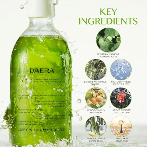 DAERA 2 Pack Life Green Exo Shampoo for Thinning Hair Thickening 10.24 fl oz, Caffeine Biotin Scalp Deep Cleansing, Volumizing & Improving, Heartleaf Extract, Women & Men, All Skin Types