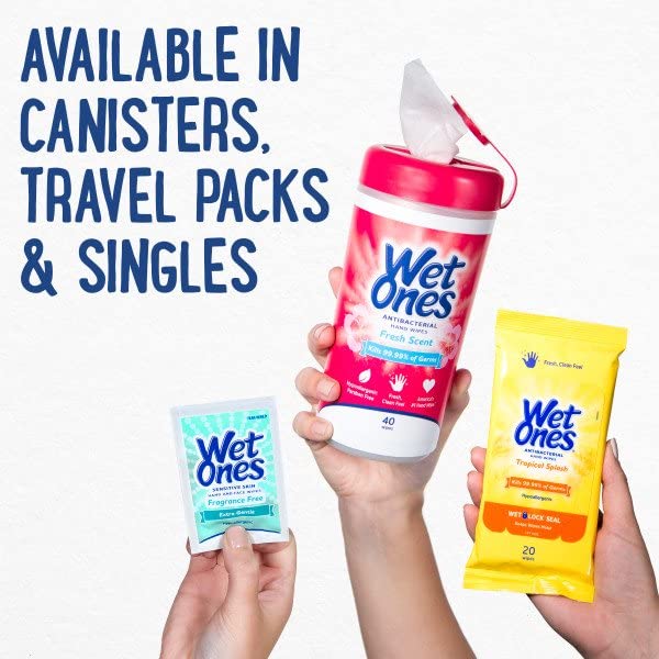 Wet Ones Wipes for Hands & Face, 20 Count Travel Pack (Pack of 5) 100 Wipes Total (Sensitive)