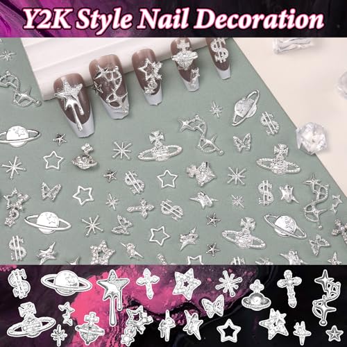130 Pcs Silver Star and Cross Nail Charms for Acrylic Nails, Y2K Nail Art Supplies