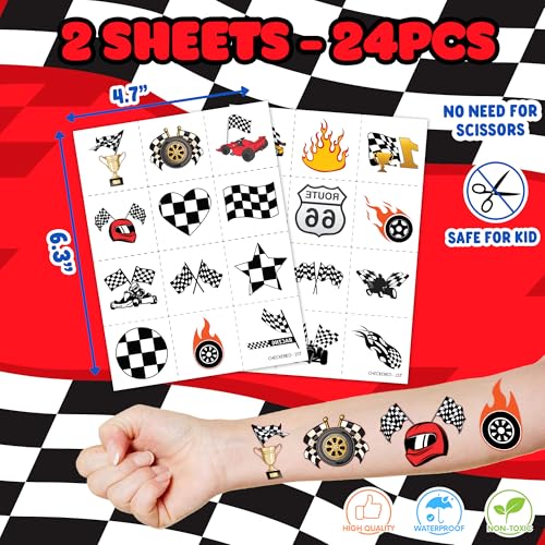 36PCS Checkered Flag Party Favors - 24PCS Temporary Tattoos & 12PCS Stamps - Ideal Black and White Race Flag Themed Birthday Card Decorations Supplies Goodie Bag Cute Rewards for Boys Girls Gifts