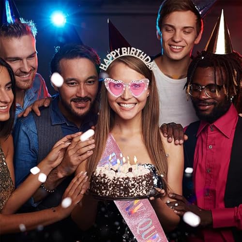 Pink Birthday Queen Sash with Sparkling Crystal Headband & Heart Sunglasses - 21st, 25th, 30th, 40th, 50th, 60th Women Party Accessories