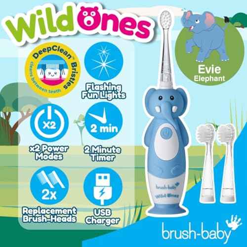 brush-baby WildOnes Kids Electric Rechargeable Toothbrush Elephant, 1 Handle, 3 Brush Heads, USB Charging Cable, for Ages 0-10 (Elephant)