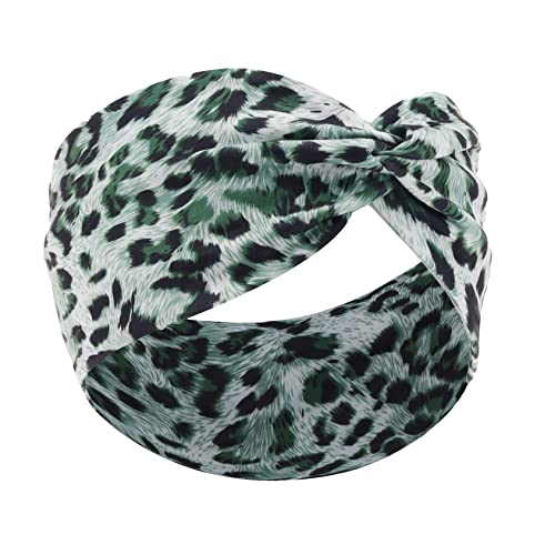 Woration Headband Yoga Leopard Print Cross Wide Elastic Headwear Head Wrap Hairband Twist Turban Knot Headwrap Hair Accessories for Women, Girls - Green