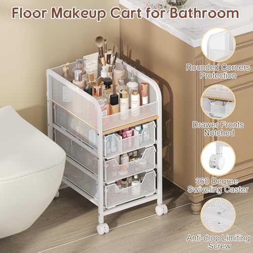 Narrow Rolling Makeup Cart Organizer with 3 Drawers - White