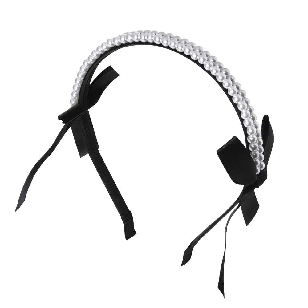 Pearl Bow Headband for Women Headband Accessories for Girls Black Headband with Bow Knot Beaded Hair Bands for Women's Hair Non Slip Ribbon Head Band Valentine's Day Hair Hoop Decorative Headband